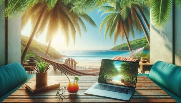 Digital nomad working on laptop with a scenic mountain background